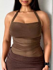 DAZY Plus Size Solid Color Mesh Wrap Stretchy Spaghetti Strap Camisole And Top - Khaki - View 1