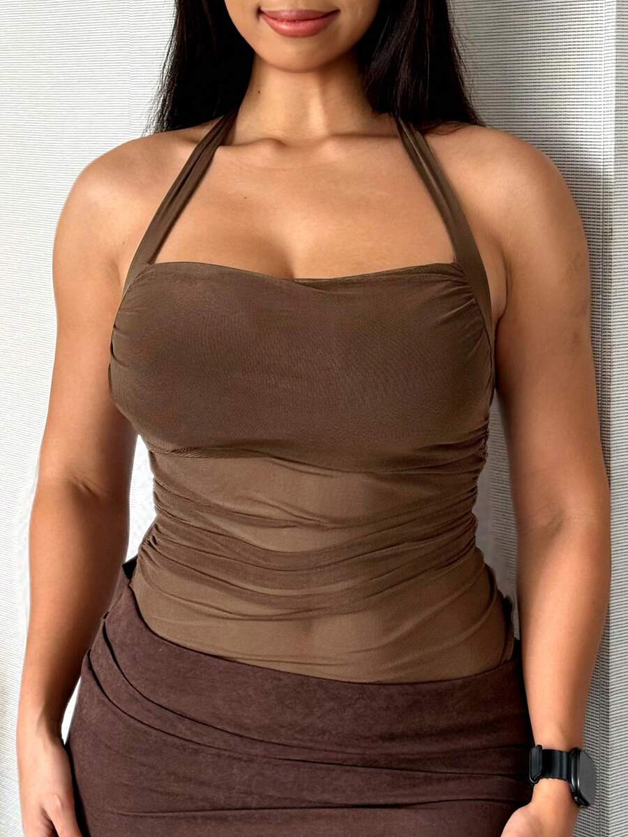 DAZY Plus Size Solid Color Mesh Wrap Stretchy Spaghetti Strap Camisole And Top - Khaki - View 1