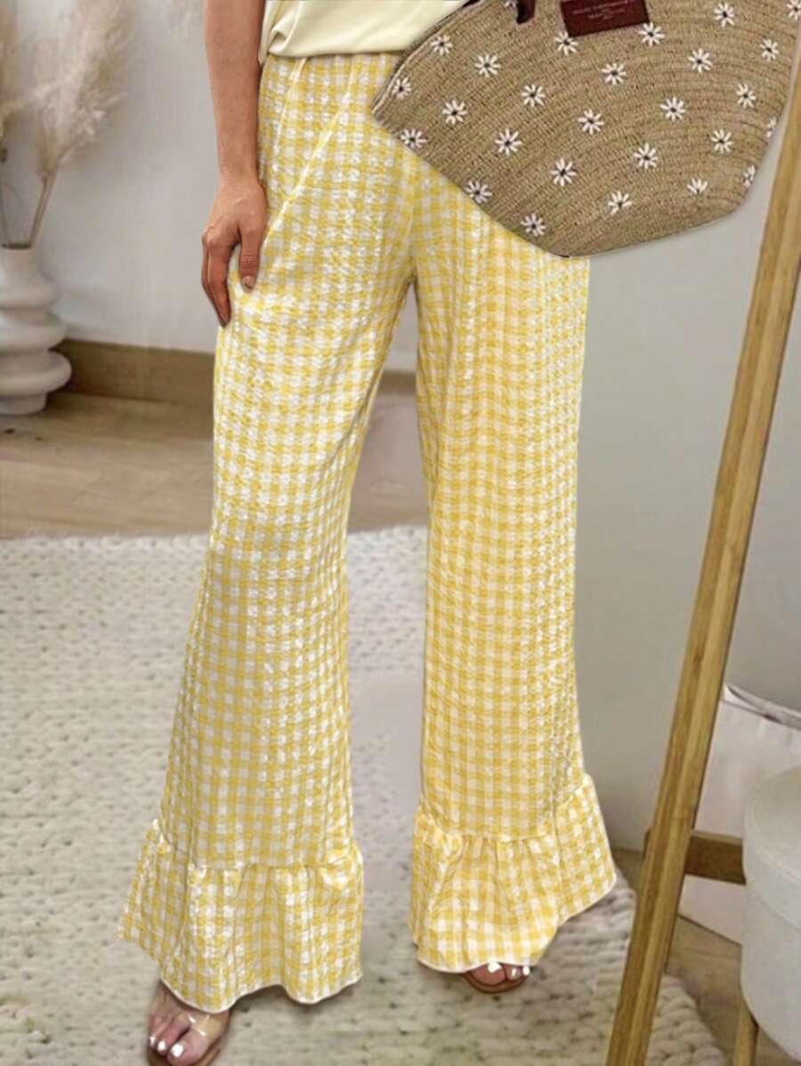 INAWLY Women's Plaid Print Ruffled Hem Casual Versatile Long Pants Fall Cloth For Women - Yellow - View 1