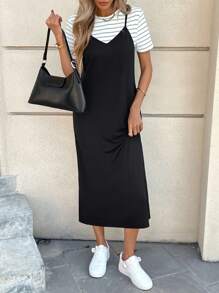 SHEIN LUNE 女士休闲条纹吊带背心和中长连衣裙，基本款两件套，适合春夏季日常穿着 - 綠色 - 查看 4