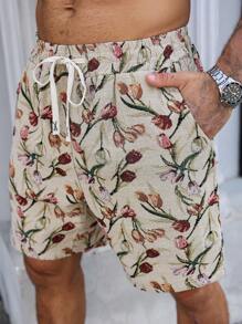 Manfinity Homme Plus Size Men's Floral Print Drawstring Waist Pocket Casual Shorts, Great For Couples And Makes An Excellent, Gift For Boyfriends Or Husbands. - Multicolor - View 6
