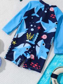Infant Zipper Swimsuit, Shark & Ocean Creature Print. Essential Fashion Item For Summer Beach Vacation. Long Sleeve Design, Blue Color Contrast, Cute Shark & Ocean Creature Cartoon Pattern. Lively Design. Suitable For Adorable Baby Boys To Wear During Beach Play And Vacation Swim Suits For Kids Toddler Swim Suits For Kids Baby Swim Wear Baby Boys Clothing Swim Swimming Suits For Baby S