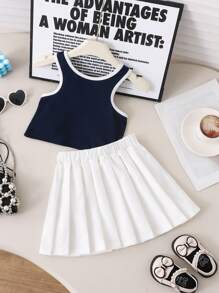2pcs/Set Young Girl Contrast Color Trim Bow Sleeveless Top And Pleated Skirt Set - Navy Blue - View 2