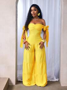 BamGleam Women Casual Solid Color Ruched Bust Off Shoulder Jumpsuit, Summer - Yellow - View 7