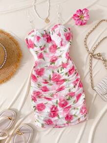 WESTFADE Young Abito da donna ragazza casual ed elegante da vacanza, vestito a balza con cintura in vita, stampa floreale rosa su rete, aderente, mini con fiocco, adatto per scuola, uscite, vacanze, primavera/estate