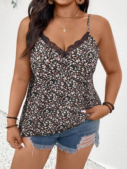 SHEIN Frenchy Plus Size Women's V-Neck Lace & Leopard Print Camisole, Sexy & Elegant For Dates, Parties, Fashion