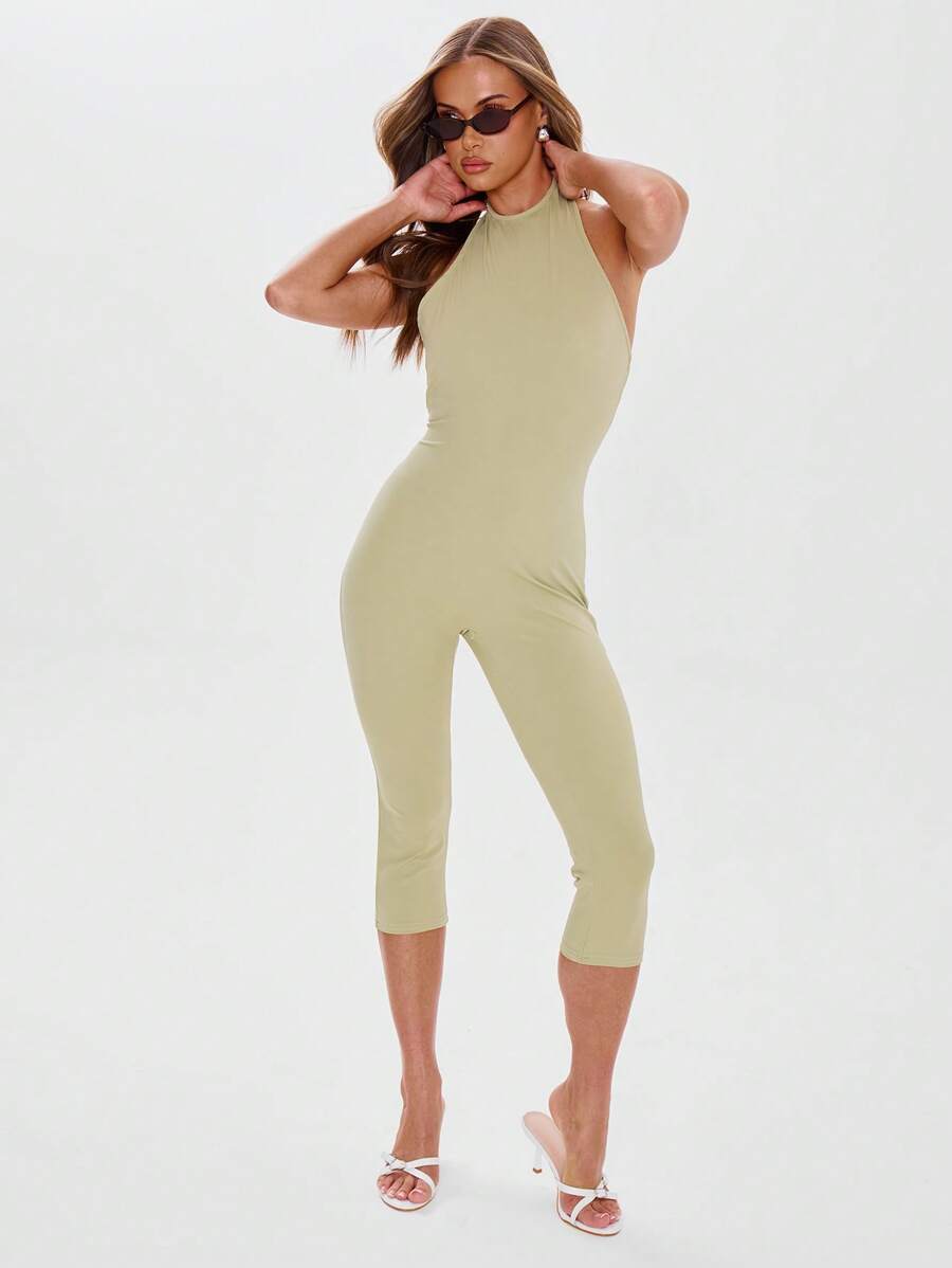 MUSERA Backless Halterneck Capri Jumpsuit Elegant Summer Casual - Olive Green - View 1
