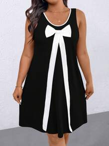 EMERY ROSE 大码女式撞色蝴蝶结装饰休闲简约连衣裙 - 黑與白 - 查看 8