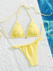 Swim Mod 2pcs/Set New Summer High Waist Backless Neck Tie Sexy Women Swimsuit Set - Yellow - View 3