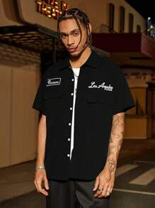 PAVTROS Manfinity Streetrush 男式宽松实用口袋设计休闲衬衫、蓝色纽扣式短袖衬衫、多口袋休闲衬衫、Graphic Los Angeles Reviewer 机械师衬衫 - 黑色 - 查看 7