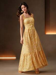 Anewsta Elegante abito lungo a vita alta con volant, ricamato e con taglio a giorno, color giallo chiaro, adatto per la spiaggia e le vacanze