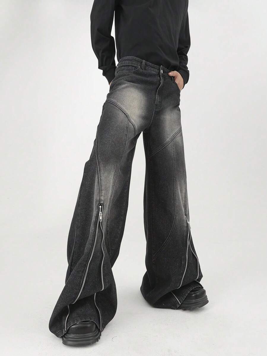 Manfinity Roghcode 男士简约时尚休闲日常牛仔裤街头休闲装，摇滚风 - 黑色 - 查看 1