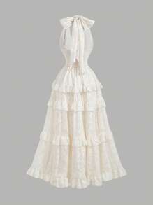 SHEIN X Hannahelzahed SHEIN MOD Apricot Floral Jacquard, Halter Oversized Bow Backless Dress, Dreamy Romantic Elegant With Layered Ruffle Trim, Suitable For Dates, Parties, Holidays, Tea Parties, Birthday Outfit,Summer Outfits For Women,Easter Outfits,Beach Outfits For Woman,Vacation Outfits Women,Summer,Concert Outfit Women,Rave Outfits,Cruise Attire Women,Western Wear Women.Graduation Dresses For Women,Baby Shower Dress,Boho Women Clothing,Festival Outfits For Women - Apricot - View 5