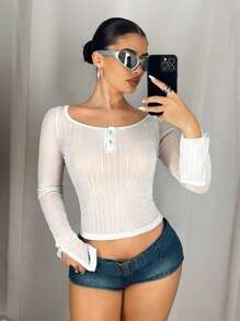 SHEIN ICON Fitted Plus Size Scoop Neck Ribbed Long Sleeve T-Shirt - White - View 6