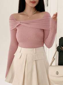 DAZY Women's Solid Color Bow Casual Fitted Sweater,Fall Women Clothes - Baby Pink - View 4