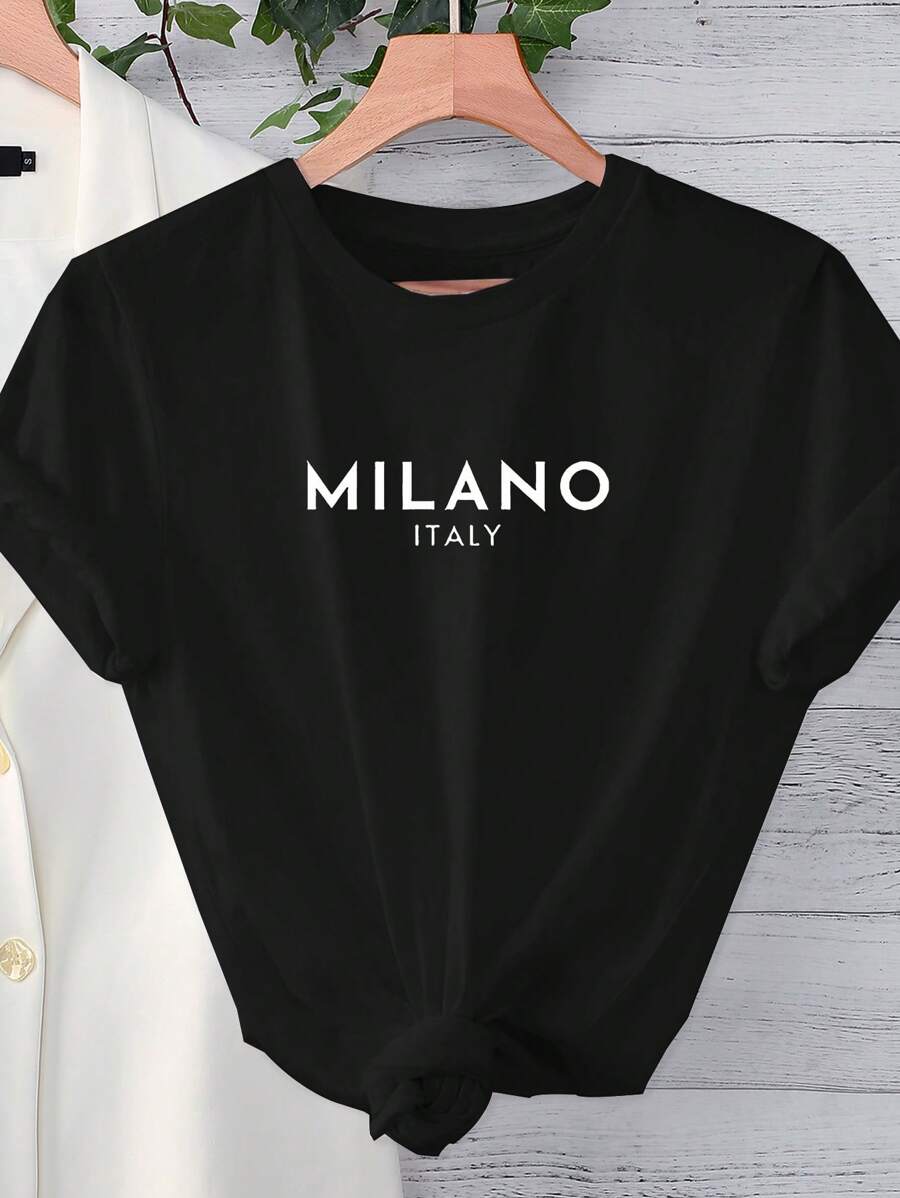 Resyla Women's Round Neck Printed Casual Short Sleeve T-Shirt For Spring And Summer Graphic Tees Women Tops - Black - View 1