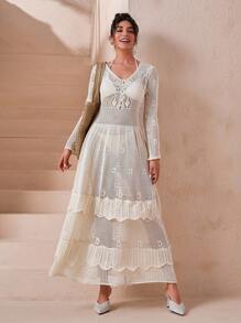 EURMUSE Women V-Neck Long Sleeve A-Line Midi Buttoned Button Detailed Cover Up Dress - Apricot - View 1