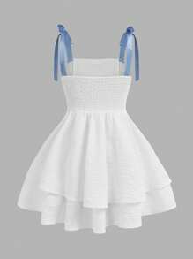 SHEIN Girlism Tween Girl Cute Butterfly Decoration Woven Solid Color Bubble Pleated Double Layer Cake Hem Casual Bow Sling French Fairy Dress - White - View 2
