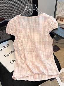 SHEIN 女士粉色和白色法式格子系带前扣荷叶边衬衫，可爱甜美