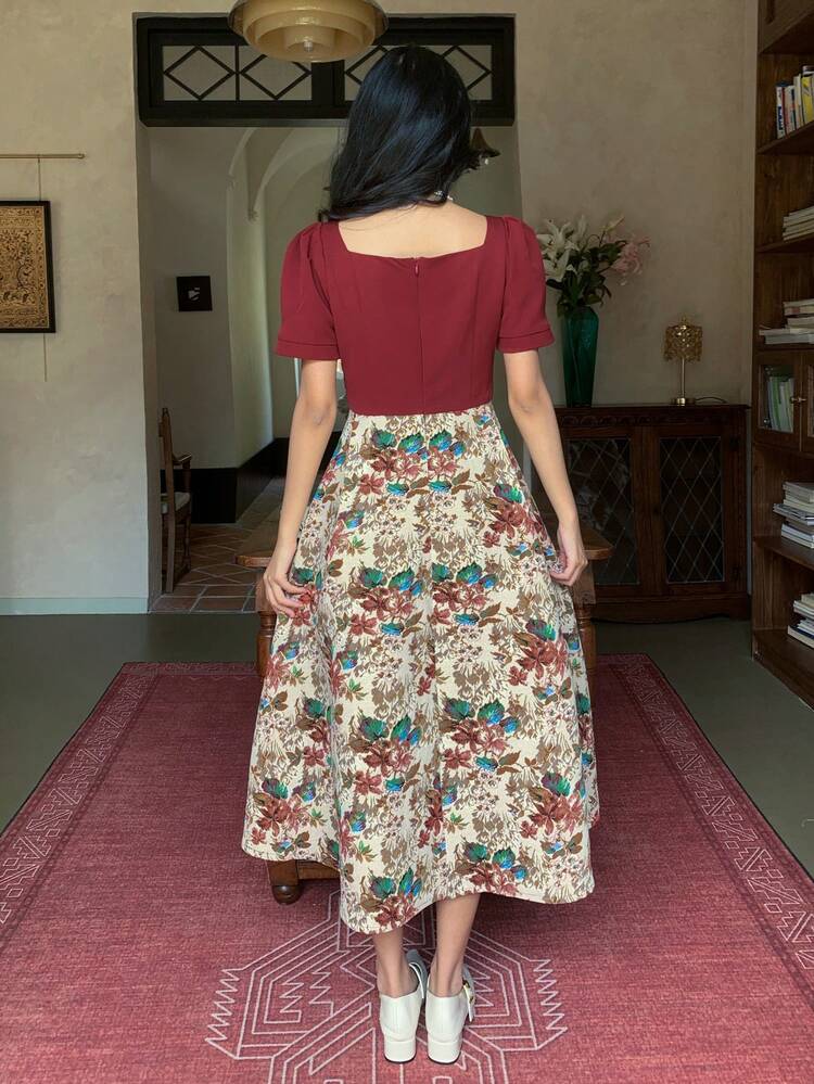 Women's Mid-Length Puff Sleeve Patchwork Dress,Teacher Outfits Floral Maxi Dress Boho