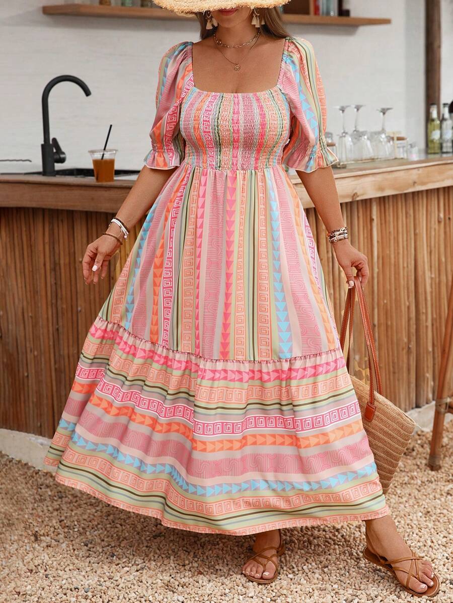 SHEIN Clasi Váy tay ngắn in họa tiết ngày lễ cỡ lớn cho mùa xuân/hè - trái cam - Xem 1