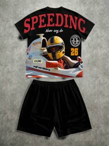 Manfinity ZONE917 F1 Racing Car Graphic Loose T-Shirt Set - Black - View 5