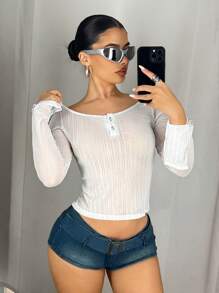 SHEIN ICON Fitted Plus Size Scoop Neck Ribbed Long Sleeve T-Shirt - White - View 1