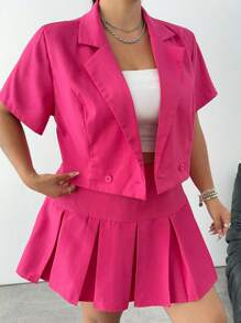 Flirla Plus Size Fashionable Casual Minimalist Set, Jacket + Pleated Mini Skirt, Rose Red - Hot Pink - View 4