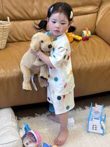 DAZY Toddler Girls' Polka Dot Oversized Knit Short Sleeve Loungewear - Beige - View 3