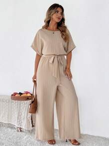 SHEIN Clasi Plus-size effen jumpsuit met korte mouwen, modieus, geschikt voor de zomer