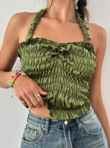 Jouncy Top de tirantes con cuello halter, plisado y con volantes en color liso para mujer, ideal para el verano - Verde - Ver 5