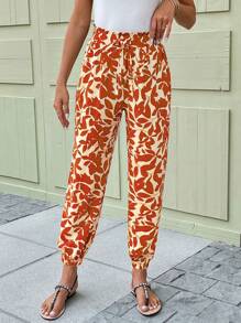 SHEIN LUNE 花卉印花松紧腰抽绳裤，蝴蝶结细节，休闲度假风格 - 橘色 - 查看 5