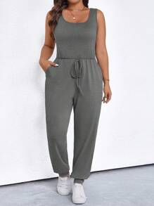 SHEIN LUNE Plus Size Solid Color Crew Neck Sleeveless Jumpsuit With Pockets, Casual For Summer - Dark Grey - View 1