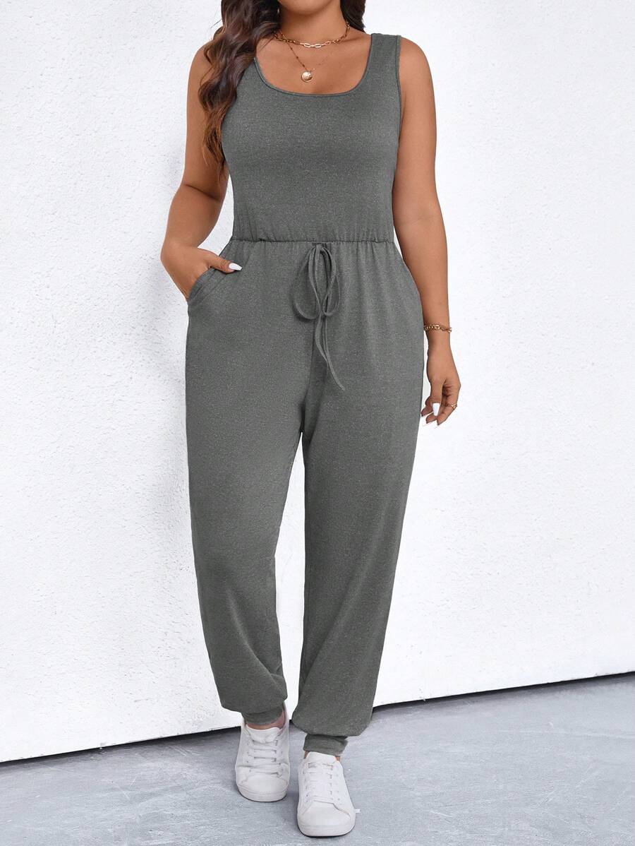 SHEIN LUNE Plus Size Solid Color Crew Neck Sleeveless Jumpsuit With Pockets, Casual For Summer - Dark Grey - View 1