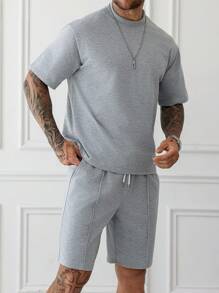 Manfinity Homme Set da uomo composto da t-shirt a girocollo a maniche corte di colore unito e pantaloncini con coulisse in vita, set estivo da 2 pezzi, outfit comodo - Grigio - Visualizzare 5