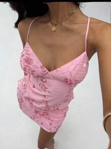 Aloruh 女士纯粉色亮片刺绣花卉交叉绑带露背吊带背心，度假上衣，闪亮花卉印花背心 - 粉色 - 查看 5
