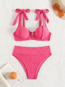 Swim Mod Holiday Beach Solid Jacquard Bikini Set, Summer Beach - Hot Pink - View 4