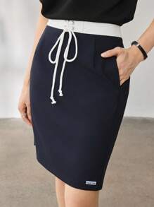 DAZY Women Summer Casual Fitted Colour Blocking Drawstring Tie Waist Decorated Letter Hem Short Straight Skirt - Navy Blue - View 1