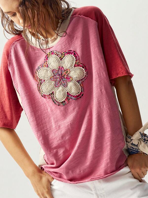 Bohemela Casual Knitted Contrast Color Round Neck Loose Fit Plus Size Short Sleeve T-Shirt,Vintage