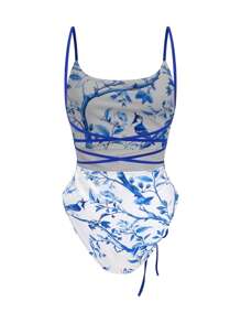 SHEIN EZwear Women's All-Over Print Belted Sleeveless Bodysuit