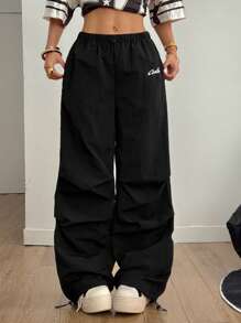 Coolane Women's Summer Streetwear Going Out Letter Print Drawstring Waist Pleated Wide Leg Casual Black Pants Cargo Pants - Black - View 5