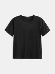 SHEIN BASICS Casual Solid Color Knit Crew Neck Short Sleeve Plus Size T-Shirt - Black - View 1
