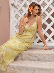 SHEIN Clasi Beige Floral Print Lace Patchwork Camisole Dress - Yellow - View 3