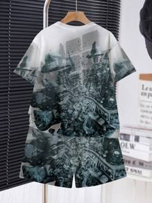 SHEIN 2pcs Teen Boy Casual Stylish Cartoon Pixel Soldier War Pattern Print Short Sleeve Round Neck T-Shirt And Shorts Set, Suitable For Summer
