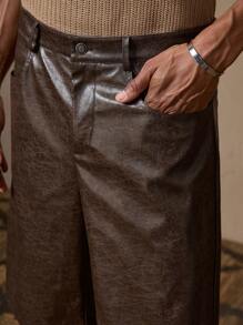 AKNOTIC Men's Coffee Brown Leather Shorts, Woven Fabric, Fashionable Casual Loose Elastic Waist Straight Cut Leather Shorts, Suitable For Summer, Vacation, Daily Wear, Party, Couple Matching, Men's Gift, School - Coffee Brown - View 3