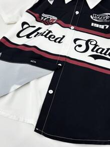 Teenage Boys' Retro Thin Collar Letter Print Short Sleeve Shirt, Casual Motorcycle - White - View 4