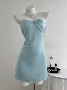 SHEIN Unity Mature Graceful Solid Color Silk-Like Satin Fitted Pleated Bandeau Women Dress - Blue - View 3