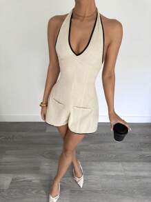 Bộ đồ liền thân ống loe cổ chữ V sâu, viền màu tương phản dành cho nữ, trang phục dự tiệc toàn màu trắng, váy mùa hè dành cho nữ, trang phục dự tiệc toàn màu trắng dành cho nữ, trang phục dự tiệc toàn màu trắng dành cho Ngày của Mẹ, màu vàng bơ - Màu be - Xem 3