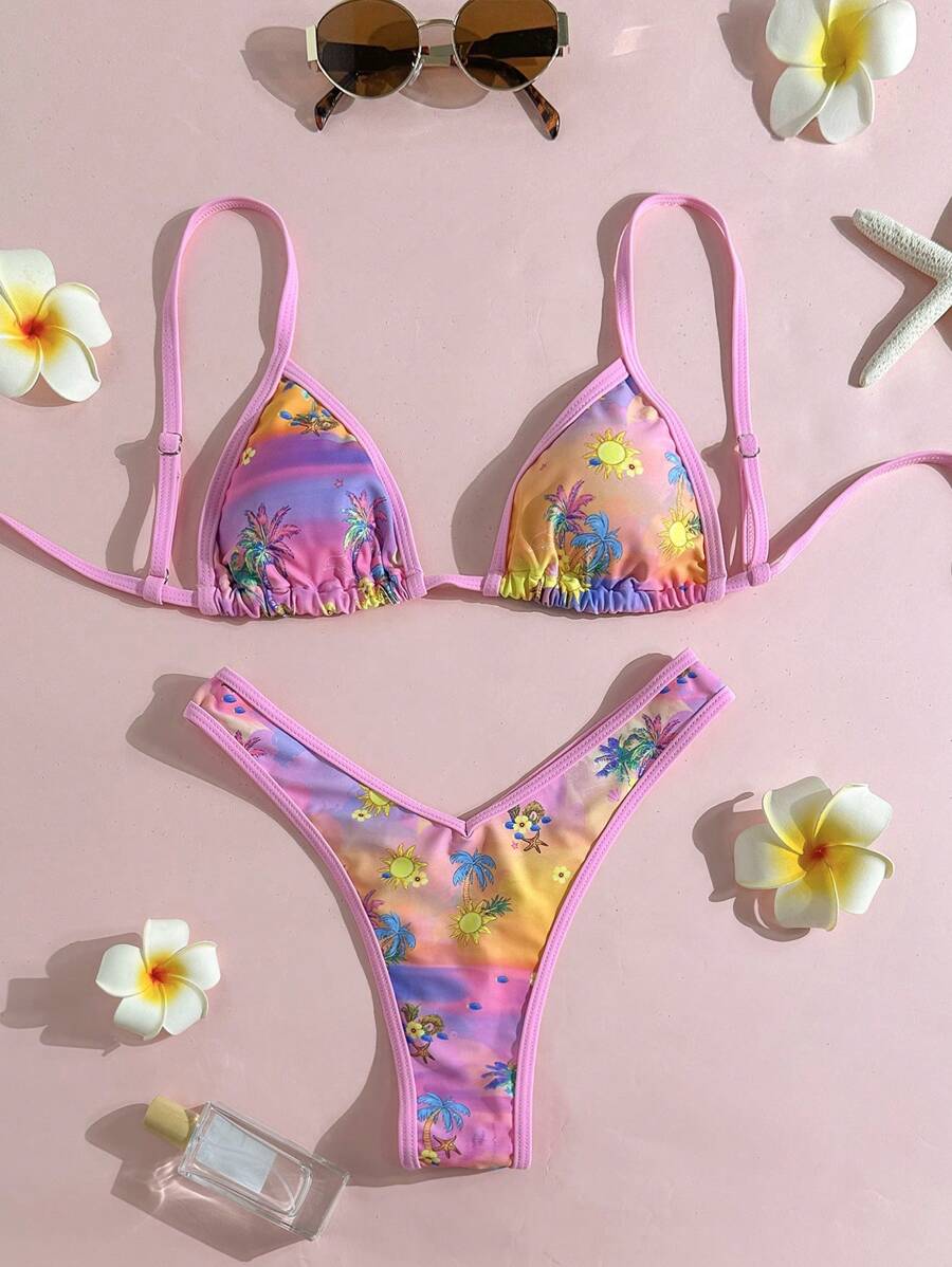 SHEIN Swim 2pcs Women Random Print Spaghetti Strap High Cut Sexy Bikini Set, Summer - Multicolor - View 1