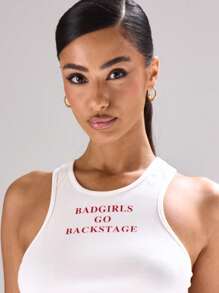 MUSERA Racer Neck Cropped Slogan Ribbed Tank Top Festival, Concert, Rave, Club, Summer, Sexy Backstage Graphic Tees Fall - White - View 5
